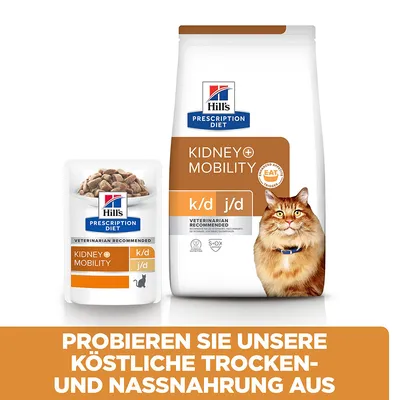 Hill's Prescription Diet Kidney+Mobility k/d j/d Trocken- und Nassnahrung für Katzen. Veterinär empfohlen, mit S+OX Shield zur Unterstützung der Nieren- und Mobilitätsgesundheit.