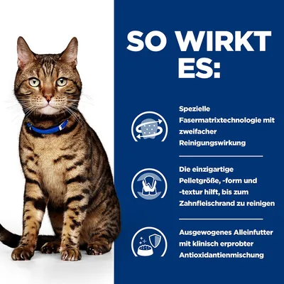 So wirkt es: Spezielle Fasermatrixtechnologie mit zweifacher Reinigungswirkung. Einzigartige Pelletgrösse, -form und -textur reinigt bis zum Zahnfleischrand. Ausgewogenes Alleinfutter mit Antioxidantien.
