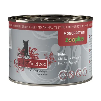 Catz finefood консерва с пиле, монопротеин, без зърнени храни, без тестове върху животни, 98% месо и бульон. Видимо лого на Zooplus.