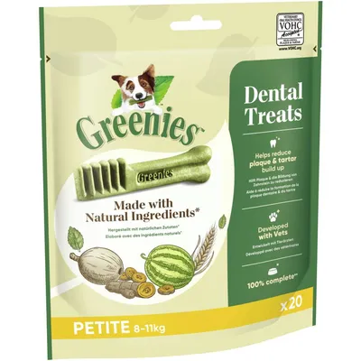 Greenies Dental Treats für Hunde, hergestellt mit natürlichen Zutaten. Hilft Plaque und Zahnstein zu reduzieren. Entwickelt mit Tierärzten. Grösse Petite 8-11kg, Packung enthält 20 Stück.