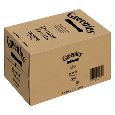 Balenie Greenies Dental Treats TEENIE 2–7 kg, 6 × 340 g = 2,04 kg. Viditeľný čiarový kód a názov produktu na kartónovej krabici.