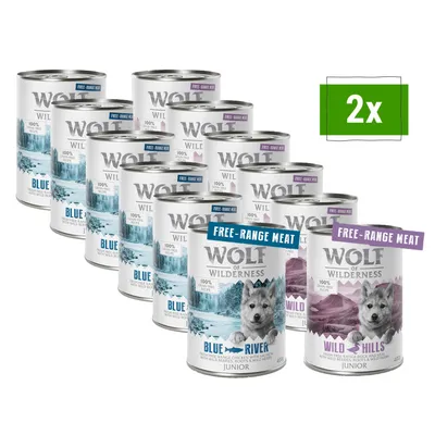Wolf of Wilderness Junior våtfoder, varianter Blue River och Wild Hills, 2x multipack med 6 burkar à 400g, Free-Range Meat, 100% naturliga ingredienser.