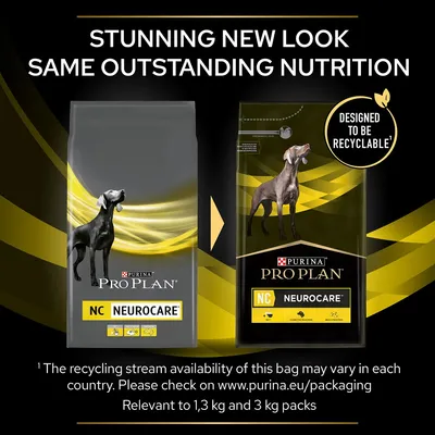 Purina Pro Plan Neurocare packaging change shown, with message 'Stunning new look, same outstanding nutrition' and 'Designed to be recyclable'. Applies to 1.3 kg and 3 kg packs.
