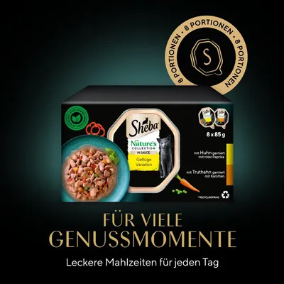 Sheba Nature’s Collection Geflüge Variation, 8 x 85 g, avec poulet et dinde. Texte en allemand : Für viele Genussmomente, Leckere Mahlzeiten für jeden Tag. Emballage visible.