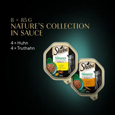 Sheba Nature’s Collection in Sauce, 8 × 85 g, 4 × Huhn (poulet), 4 × Truthahn (dinde), texte en allemand sur l’emballage. Deux barquettes visibles avec images de chat.