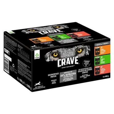 CRAVE natvoer multipack voor honden, 6 x 400 g. Bevat 12x rund & kip, 12x lam & rund, 12x kalkoen & rund. Hoogwaardig eiwit, 100% natuurlijke ingrediënten zichtbaar op verpakking.