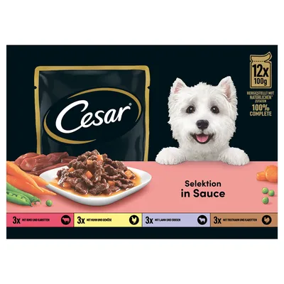 Cesar Selezione in salsa, 12x100g. Con ingredienti naturali, 100% completo. Varianti: manzo e carote, pollo e verdure, agnello e piselli, tacchino e carote.