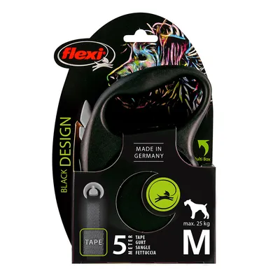 Flexi Black Design Hundeleine, Made in Germany, 5 Meter Band, geeignet für Hunde bis max. 25 kg, Grösse M.