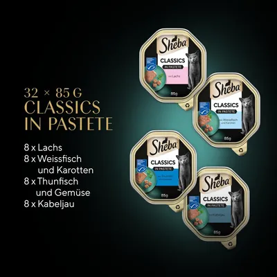 Sheba Classics in Pastete, 32 x 85g. Sorten: 8x Lachs, 8x Weissfisch und Karotten, 8x Thunfisch und Gemüse, 8x Kabeljau.