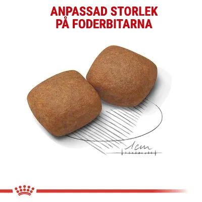 Två foderbitar med texten 'Anpassad storlek på foderbitarna' och en skala som visar 1 cm under bitarna.