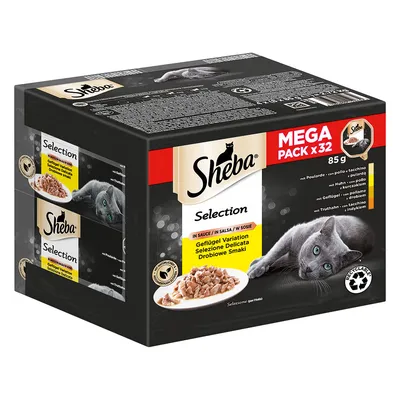 Sheba Selection Mega Pack x32, ассорти из птицы в соусе, 85 г. Виден символ переработки. На упаковке изображена серая кошка и поданное кошачье питание.
