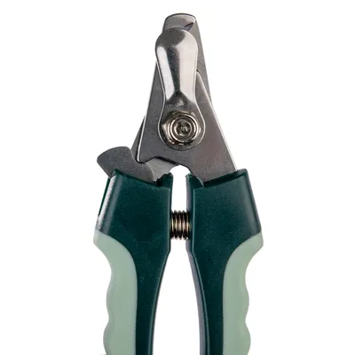 Nail clippers with green handle and stainless steel blades, suitable for precise cutting of animal nails.