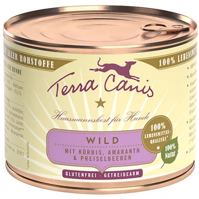 Terra Canis Hausmannskost für Hunde WILD mit Kürbis, Amaranth & Preiselbeeren. 100% Lebensmittel-Qualität, 100% Natur, glutenfrei, getreidearm. Dåse med synlig tekst på tysk.