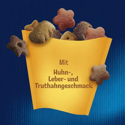 Mit Huhn-, Leber- und Truthahngeschmack. Verschiedene Snackformen in einer gelben Verpackung vor blauem Hintergrund.