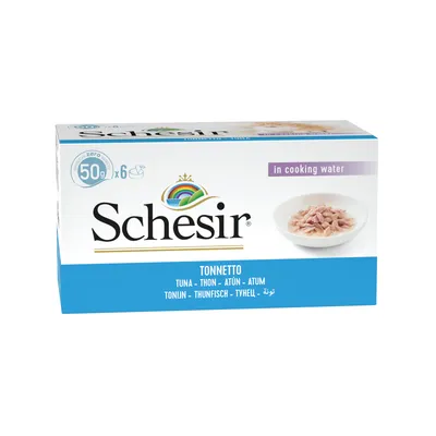 Schesir Tonnetto, thon en eau de cuisson, lot de 6 x 50 g. Texte visible : Tuna, Thon, Atún, Atum, Tonijn, Thunfisch, Tyhelj. Image d’un bol de thon.