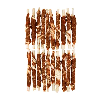 Several twisted chew snacks made of white material, wrapped with a brown meat strip. Product image shows the snacks arranged neatly.