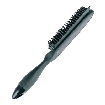 Schwarze Bürste mit Kunststoffborsten und ergonomischem Griff, geeignet für die Entfernung von Tierhaaren.