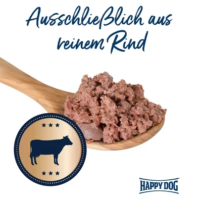 Happy Dog. Ausschliesslich aus reinem Rind, Abbildung von Rindfleisch auf Holzlöffel und Siegel mit Kuhsymbol.