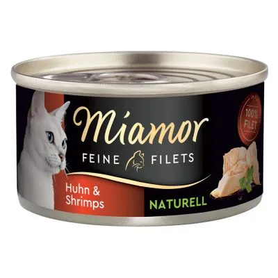 Miamor Feine Filets Huhn & Shrimps Naturell, puszka z wizerunkiem kota i kawałkami mięsa, widoczny napis 100% Filet