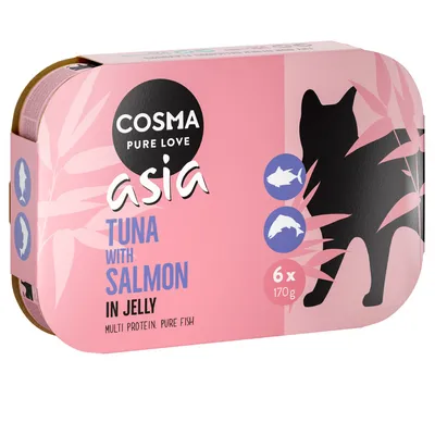 Cosma Pure Love Asia Tuna with Salmon in Jelly, multi protein pure fish, 6 x 170 g. Roze verpakking met zwarte kattenfiguur en visiconen.