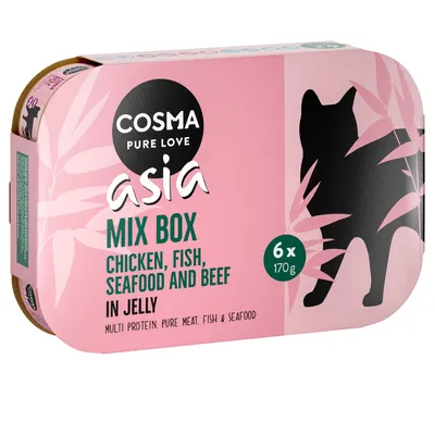 Cosma Pure Love Asia Mix Box, 6 x 170 g. Chicken, fish, seafood and beef in jelly. Multi protein. Pure meat, fish & seafood. Tekst in het Engels.