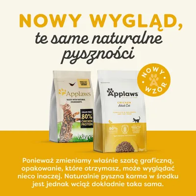 Dwa opakowania karmy Applaws dla kotów dorosłych, 1,75 kg, z kurczakiem, informacja o nowym wyglądzie opakowania i 80% białka z kurczaka. Napis: Nowy wzór.