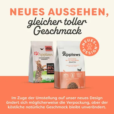 Applaws Katzenfutter mit neuem Design, gleicher Geschmack. Varianten: Huhn mit Lachs und Getreidefrei mit 80% Hühnerprotein. Hinweis: Verpackung kann sich ändern, Geschmack bleibt gleich.