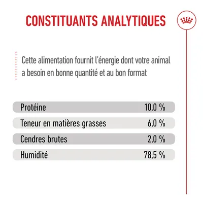 Constituants analytiques : protéine 10,0 %, teneur en matières grasses 6,0 %, cendres brutes 2,0 %, humidité 78,5 % Constituants analytiques : protéine 10,0 %, teneur en matières grasses 6,0 %, cendres brutes 2,0 %, humidité 78,5 %
