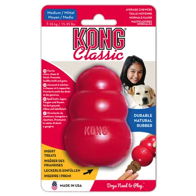 KONG Classic Medium til hunde fra 7-16 kg. Fremstillet af robust naturgummi, egnet til fyldning med godbidder. Fremmer sunde tænder og tandkød. Fremstillet i USA.