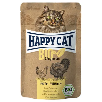 Happy Cat Bio Organic pollo con tacchino. Senza zuccheri aggiunti, senza coloranti e conservanti artificiali, senza soia. Made in Germany. Certificato biologico DE-ÖKO-006.