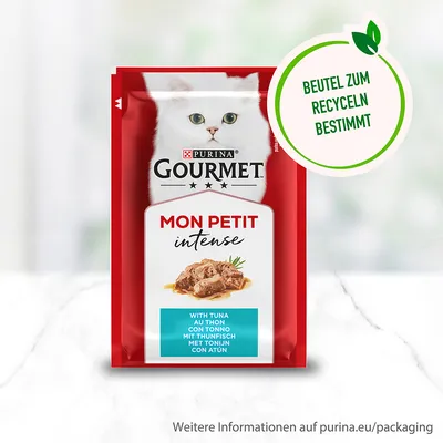 Purina Gourmet Mon Petit Intense med tonfisk. Påse avsedd för återvinning. Mer information på purina.eu/packaging.