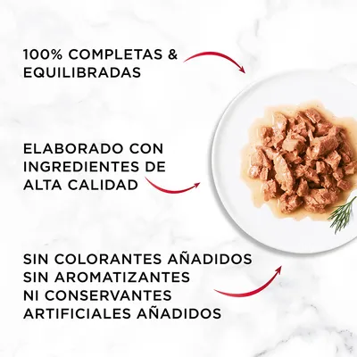 100% completas & equilibradas. Elaborado con ingredientes de alta calidad. Sin colorantes añadidos, sin aromatizantes ni conservantes artificiales añadidos.