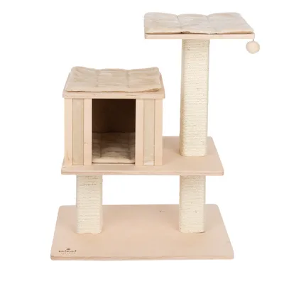 Árbol rascador de madera con dos niveles, superficies acolchadas para descansar y cueva. Postes rascadores envueltos en sisal, color beige.
