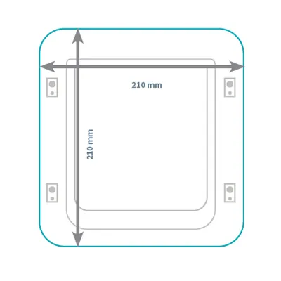 Diagramm mit Abmessungen einer quadratischen Öffnung: Breite 210 mm, Höhe 210 mm. Pfeile zeigen die Masse an.