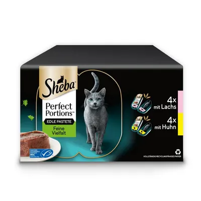 Sheba Perfect Portions Edle Pastete Feine Vielfalt, 4x mit Lachs, 4x mit Huhn, emballage avec chat et label MSC visible. Papier entièrement recyclable.