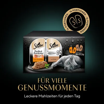 Sheba Perfect Portions mit zartem Truthahn und Split-Tray mit Ente, 16 Portionen à 37,5g. Für viele Genussmomente. Leckere Mahlzeiten für jeden Tag.