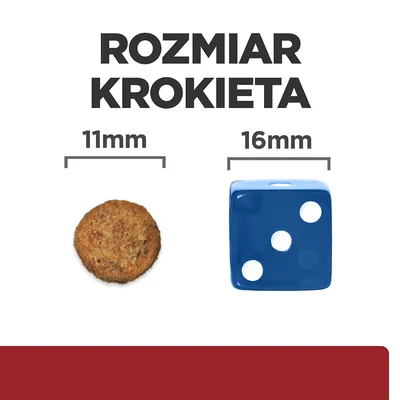 Rozmiar krokieta: średnica 11 mm, porównanie z niebieską kostką o boku 16 mm. Widoczne napisy: 'ROZMIAR KROKIETA', '11mm', '16mm'.