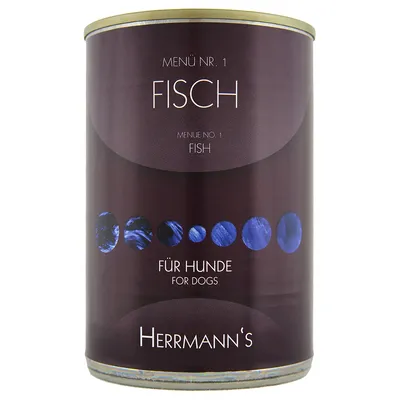 Hermanns Menü Nr. 1 Fisch, Fish, für Hunde, for dogs. Dåse med lilla etiket og blå cirkler. Synlig tekst på både tysk og engelsk.