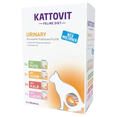 Kattovit Feline Diet Urinary Multipack, Struvitstein-Prophylaxe (FLUTD), moderater Magnesiumgehalt, harnsäuernd. 12x85g Beutel: 3x Pute, 3x Huhn, 3x Kalb, 3x Lachs.
