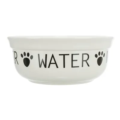 Vit keramikskål med svart text 'WATER' och tassavtryck, lämplig för vatten.