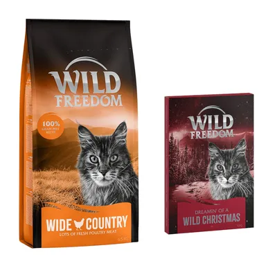 Wild Freedom Wide Country 6,5 kg, 100% grain free recipe, lots of fresh poultry meat. Wild Freedom Dreamin' of a Wild Christmas 18 g. Obaly s obrázkem kočky.