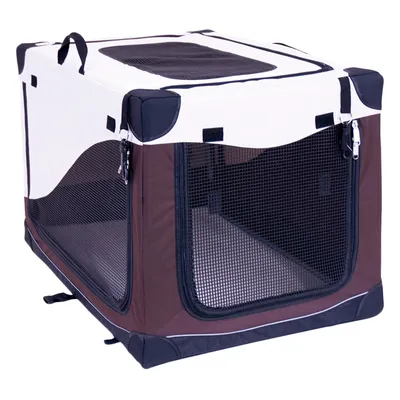 Foldable soft-sided pet carrier with mesh windows and zip openings on the front and top, shown assembled for transport or temporary housing.