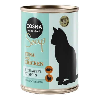 Cosma Pure Love Soup, viljaton resepti tonnikalalla, kanalla ja bataatilla miedossa liemessä. Kissan siluetti purkissa.