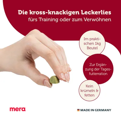 Mera Leckerlies, kross-knackig fürs Training oder Verwöhnen. Im praktischen 1kg Beutel, zur Ergänzung der Tagesfutterration, kein Krümeln und Fetten. Made in Germany.