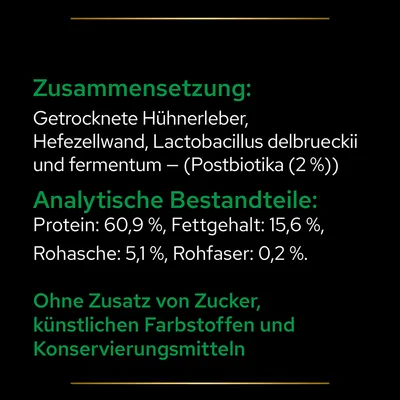 Texte en allemand : composition, taux de protéines 60,9 %, matières grasses 15,6 %, cendres brutes 5,1 %, fibres brutes 0,2 %. Sans sucre, colorants ni conservateurs ajoutés.