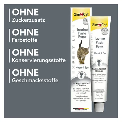 GimCat Taurine Paste Extra, ohne Zuckerzusatz, Farbstoffe, Konservierungsstoffe und Geschmacksstoffe. Unterstützt Herzfunktion und Sehkraft. Made in Germany.