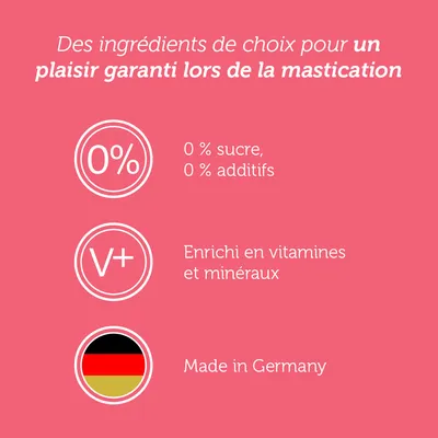 0 % sucre, 0 % additifs. Enrichi en vitamines et minéraux. Made in Germany. Des ingrédients de choix pour un plaisir garanti lors de la mastication.