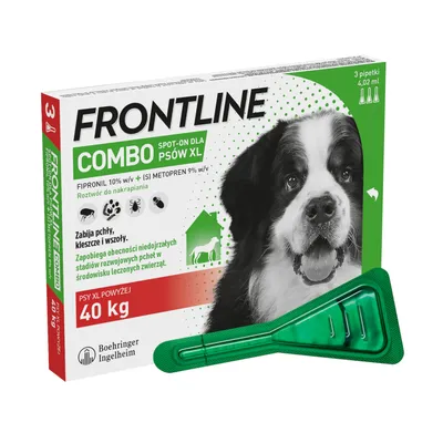 FRONTLINE Combo spot-on dla psów XL powyżej 40 kg, 3 pipetki po 4,02 ml. Zawiera fipronil 10% i (S)-metopren 9%. Zabija pchły, kleszcze i wszoły. Boehringer Ingelheim.
