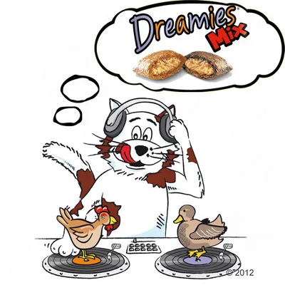 Dreamies Mix — изображение двух подушечек лакомства, название бренда и продукта на английском языке.