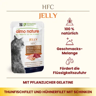 almo nature HFC Jelly, filet de thon et filet de poulet avec jambon pour chat adulte. Texte en allemand : 100 % naturel, mélange de saveurs, favorise l’apport hydrique, gélatine végétale.